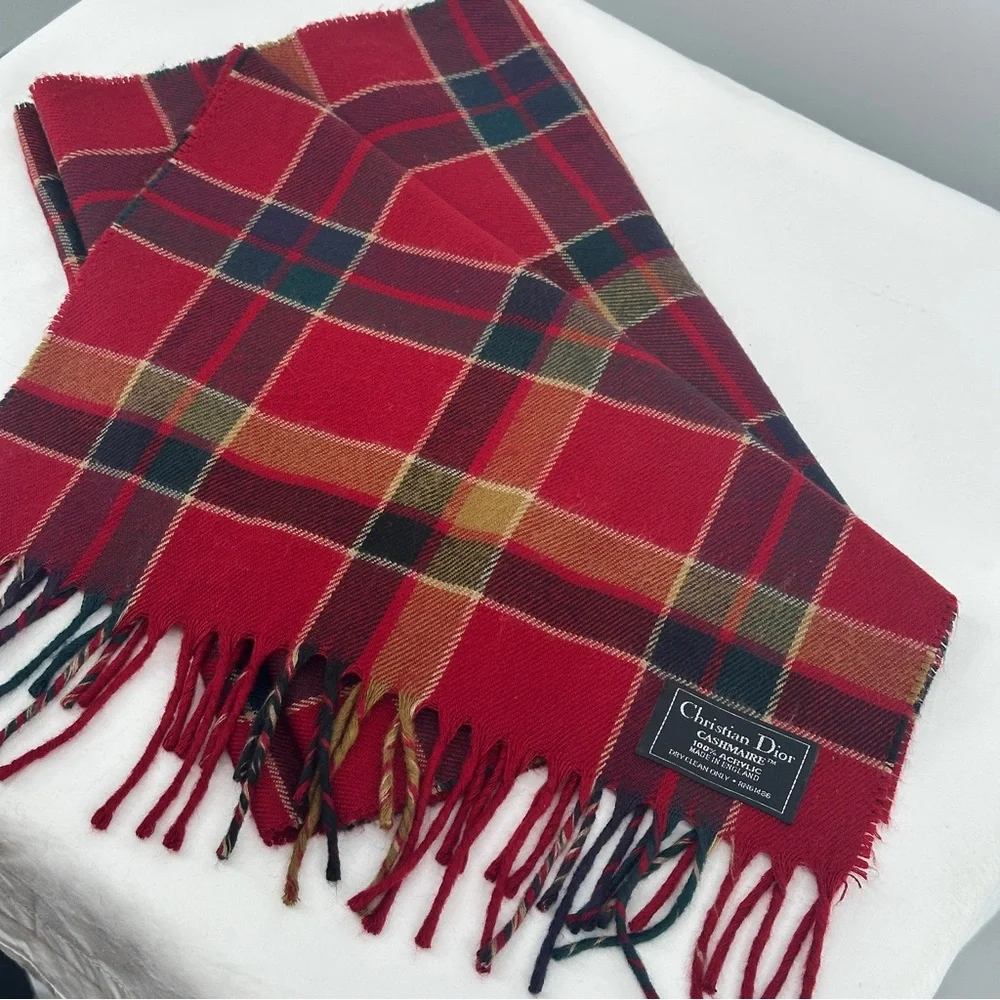 Men’s Christian‎ Dior Cashmaire 100% Acrylic Red Plaid Scarf with Fringe Luxury